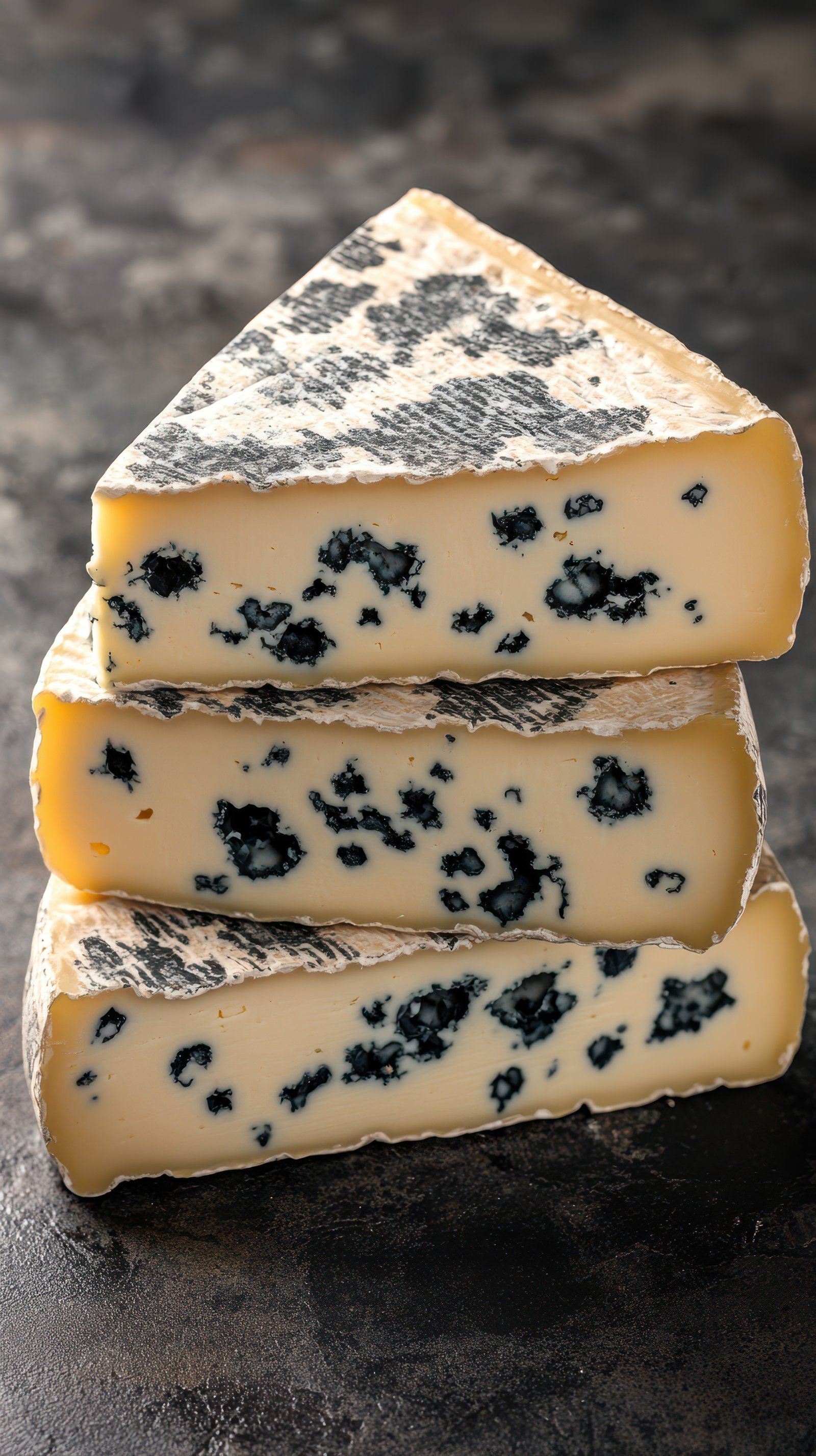 Cheese arranged in stacked triangular pieces with distinctive blue mold on a dark background